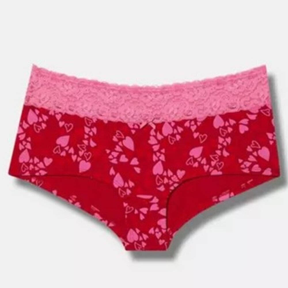 Torrid - Cotton Mid-Rise Lace Trim Boyshort Panty in Wild Hearts Pink & Red
